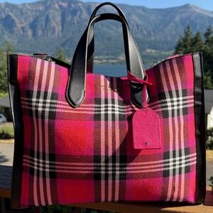 EUC Kate Spade Manhattan Foliage Plaid Large Tote Pink